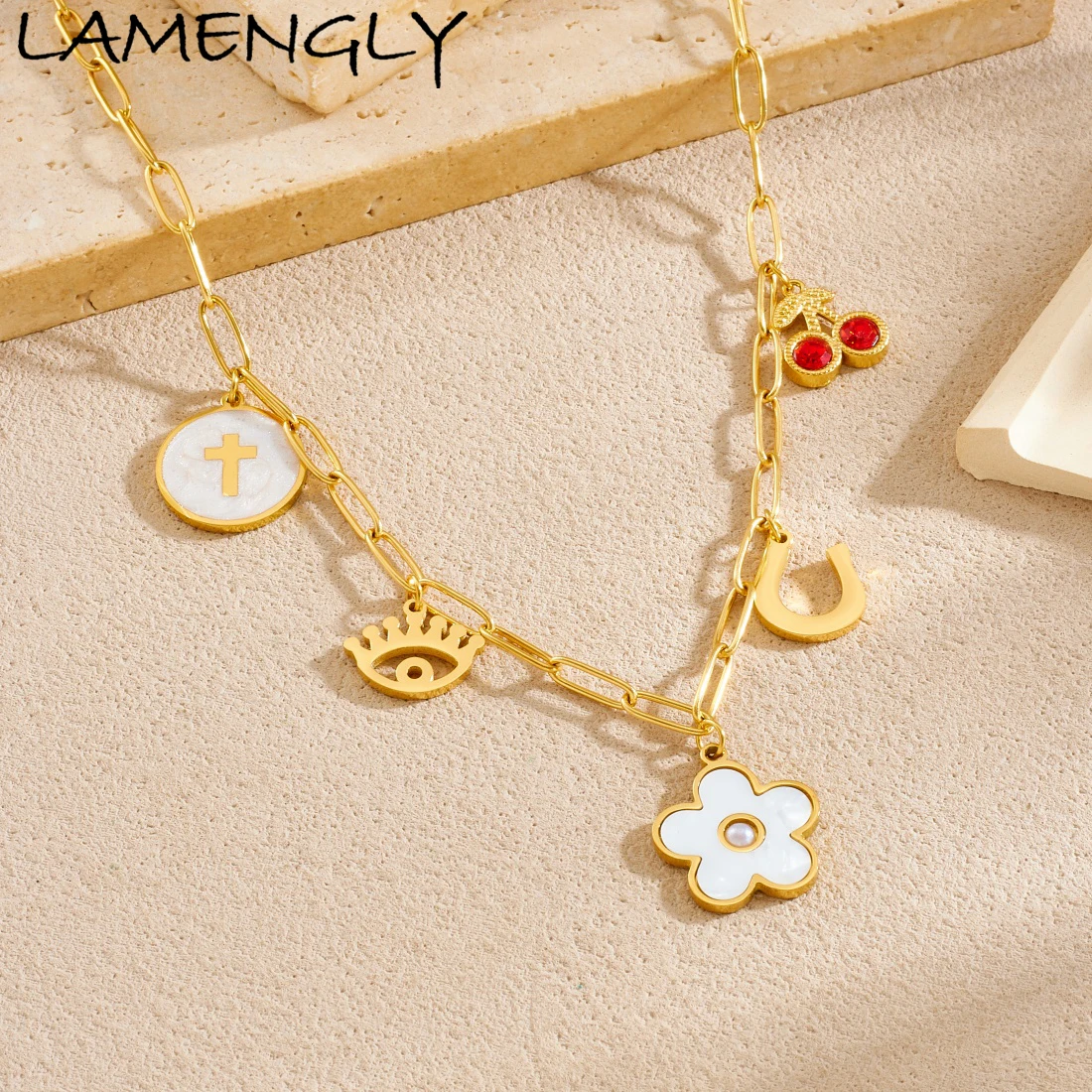 

LAMENGLY 316L Stainless Steel New Trendy Elements Cherry Flower Eye Cross Pendant Necklace Women Waterproof Jewelry Gift