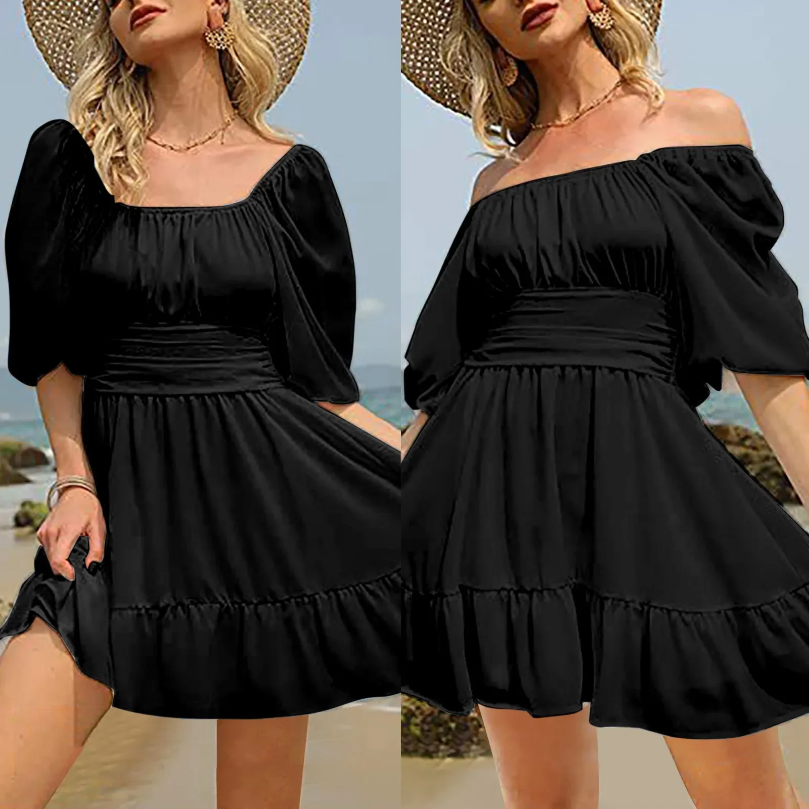 Women's Jumpsuit Summer Square Collar Lantern Long Sleeve Knot Front Pleated Double Layer Ruffle Hem Tie Mini Dress Short Romper