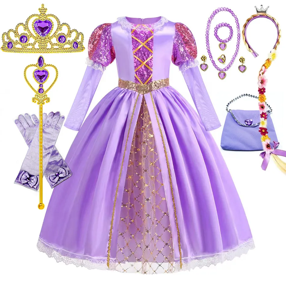 All Saint's Day Princess Disguise Rapunzel Cosplay Costume for Girls Halloween Apparel Birthday Kids Tangled Rapunzel Ball Gown