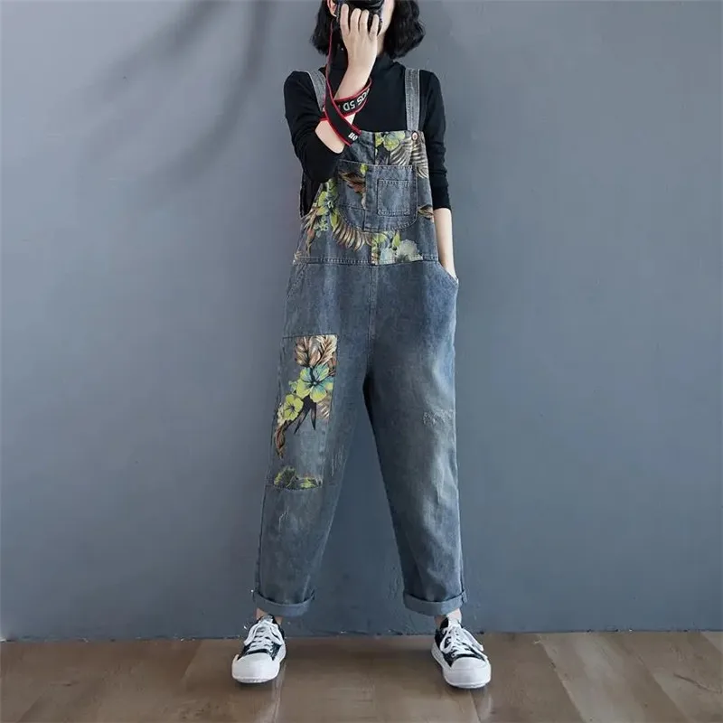 

Spring Autumn Vintage Printed Jeans Jumpsuit Streetwear Ladies Long Rompers Loose Spaghetti Straps Denim Overalls Women Clothing