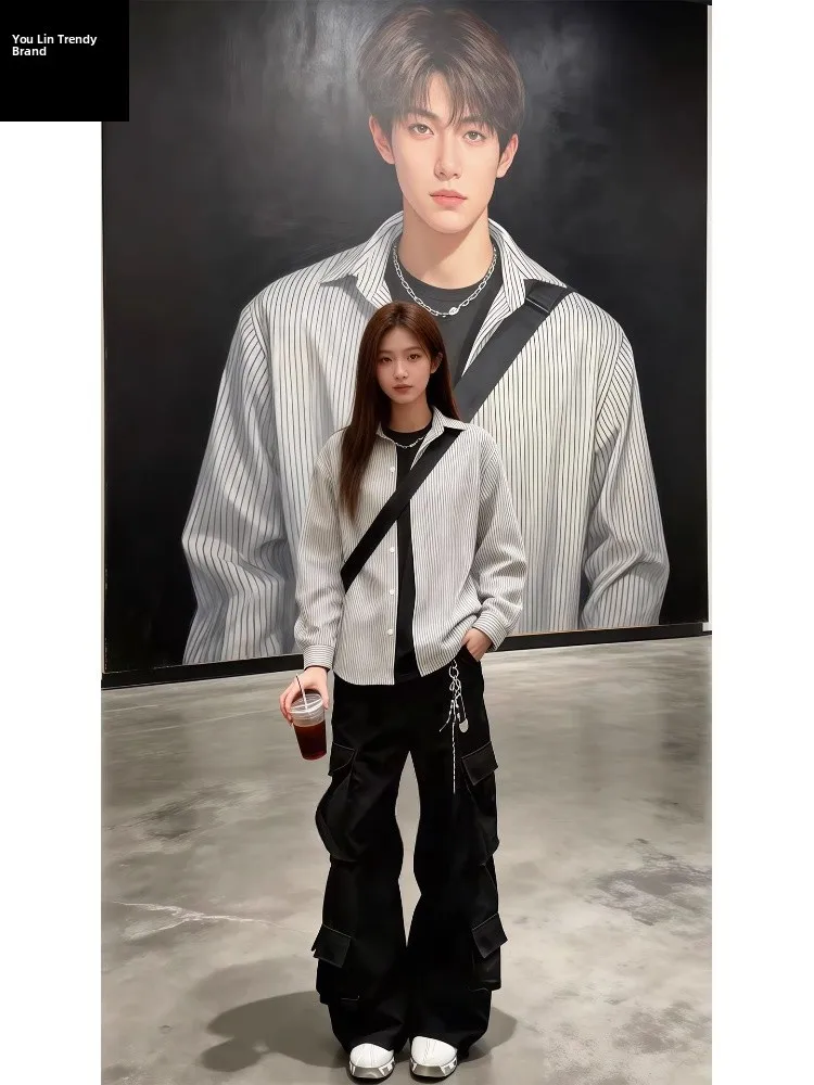 

Retro Striped Men's irt Spring High-End Feeling Cool Long Sve Sunscreen Casual Couple Open Cardigan Outerwear