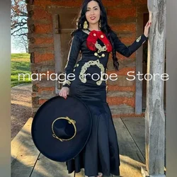 Black mariachi Suit Charro Prom Dresses Long Sleeve Gold Applique Embroidery Traje Mexicano Evening Celebrity Gown Outfit