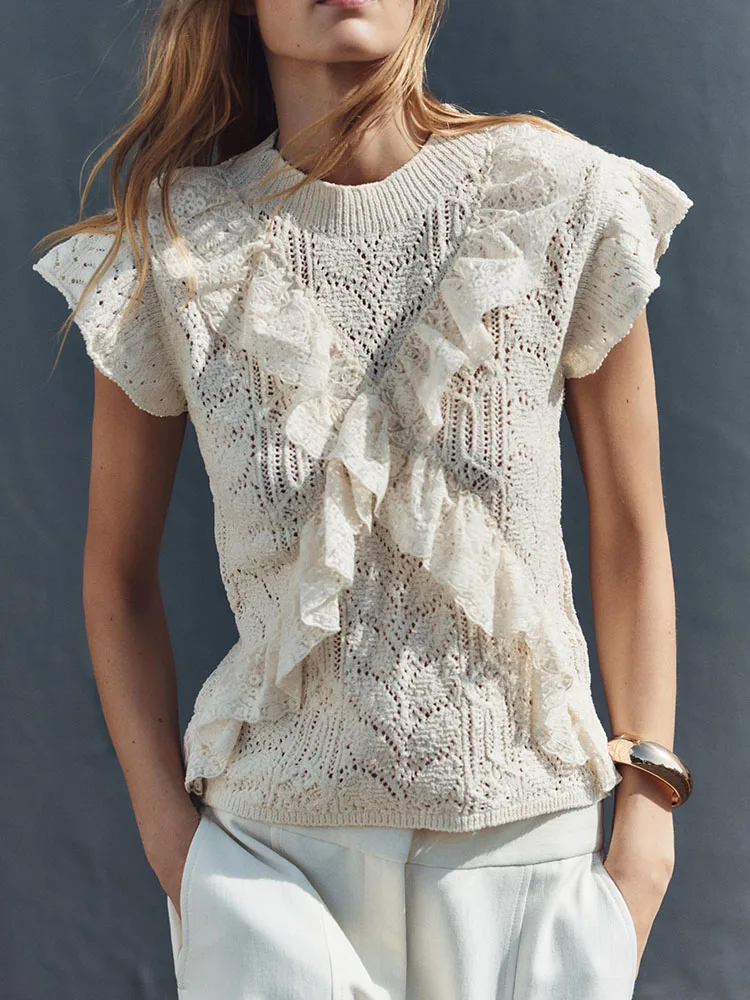 New Summer 2025 Women's Knitted Top with Embroidered Layered Decorative Me Fabric Commute Sle 00% Other Material