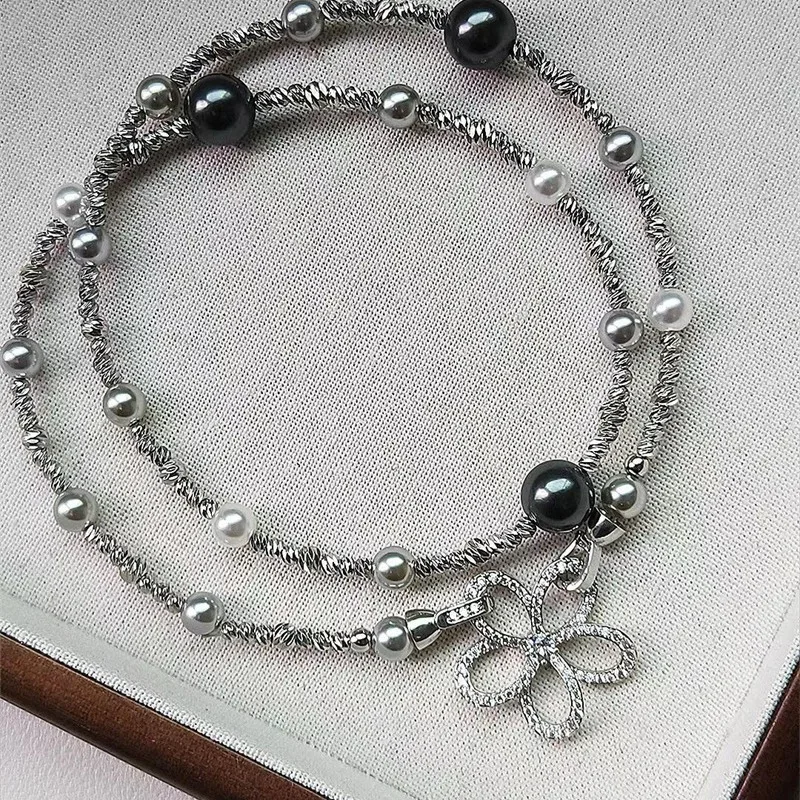

S925 Silver Hanadama Akoya & Tahitian Baroque Pearl Necklace, 6-7mm & 9-11mm Double-Layer Stackable Chain, Ocean Jewelry
