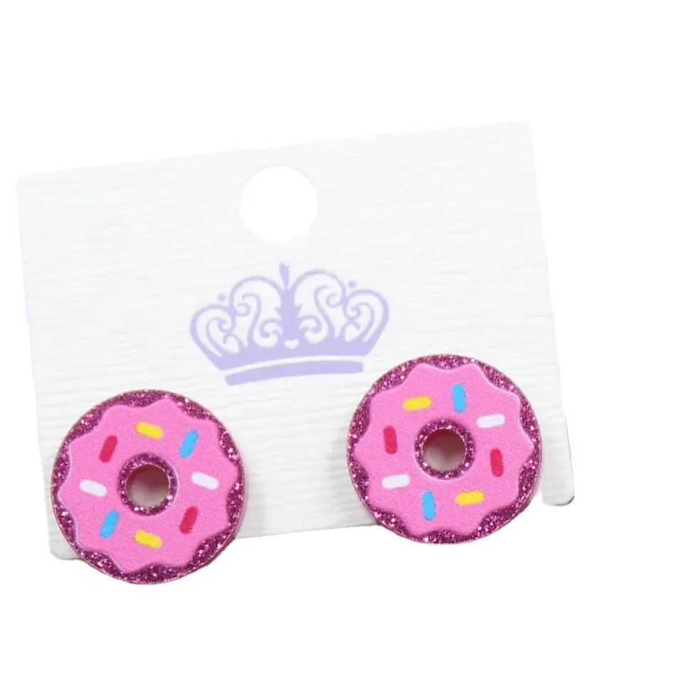 10 Pairs / Lot Cut Glitter Acrylic Cute Pink Donuts Watermelon Stud Earrings Girls Summer Jewelry Gifts Wholesale