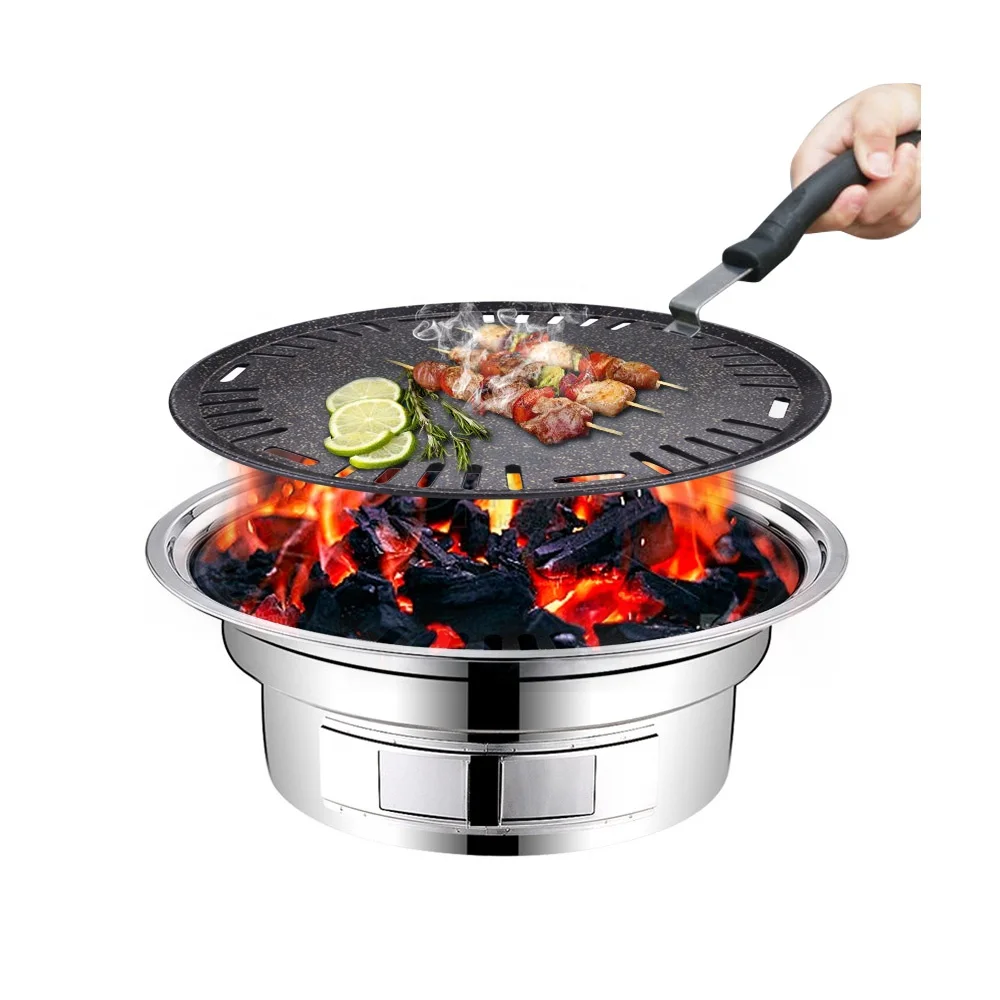 

Aluminum round bbq plate non stick table barbecue grill pan for table top portable outdoor camping cookware korea style 29.5cm