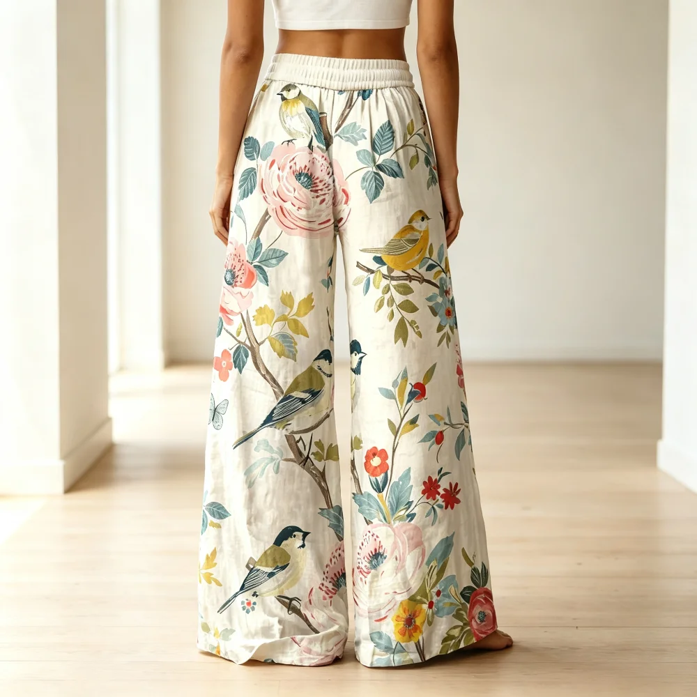 Vintage Grandma-Style Wide-Leg Pants, Featuring Floral and Bird Patterns, with Ribbed Cuffs and a Drawstring Waistband at the Waist. Bohemian Style Design, Perfect for Summer Beach or Tropical Vacation Outfits.