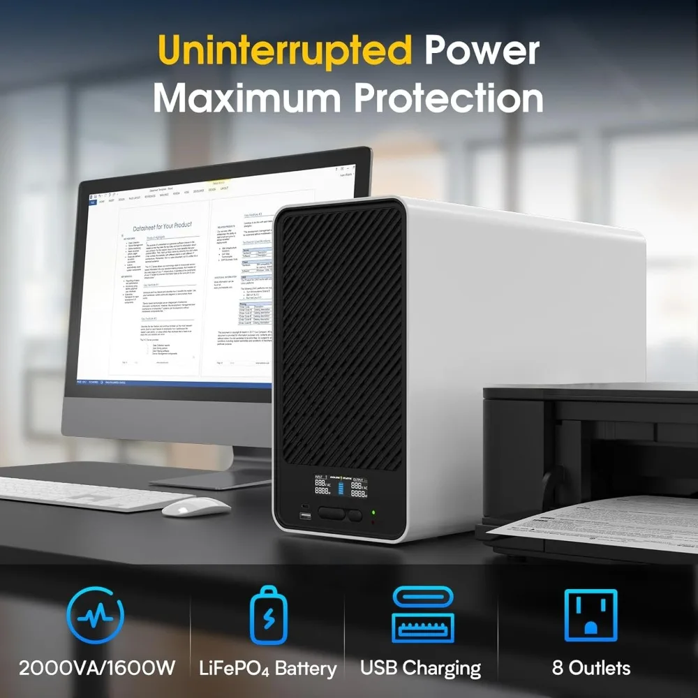 2000VA/1600W بطارية ليثيوم UPS احتياطية وواقي من زيادة التيار، بطارية احتياطية مزود طاقة مع بطاريات LiFePO4 (460Wh)