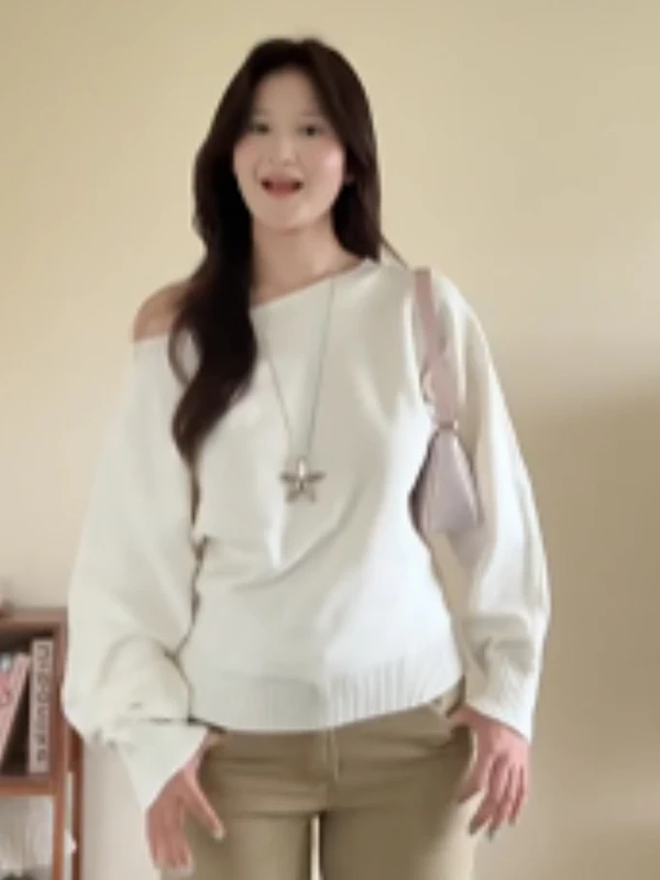 الخريف الشتاء كسول Sle لون نقي لينة فضفاضة ملابس داخلية سترة صغيرة الحجم المرأة لطيف رغبة نقية واحدة oulder أعلى #4