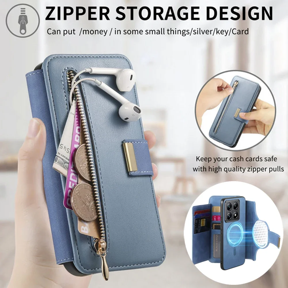 Reno11 F 12 13 5G lxuury Case For OPPO Reno 12 Pro 2In1 Detachable Leather Zipper Wallet RFID Cover Reno 11F 11 13 Pro Funda