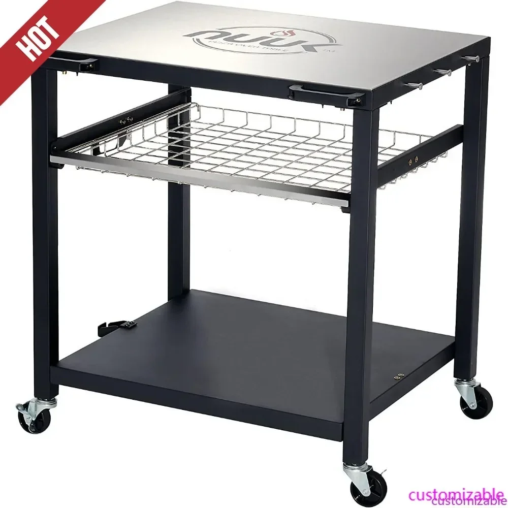 

Customizable-Double-Shelf Movable Outdoor Pizza Oven Table, 24" X 30" Stainless Steel Commercial Multifunctional Food Prep
