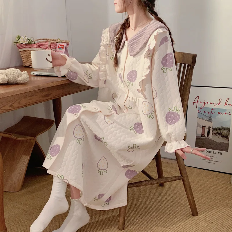 

Женские пижамы на осень-зиму, удобная ночная рубашка, новая модель, милый хлопковый халат на флисовой подкладке, утепленная однотонная домашняя одежда