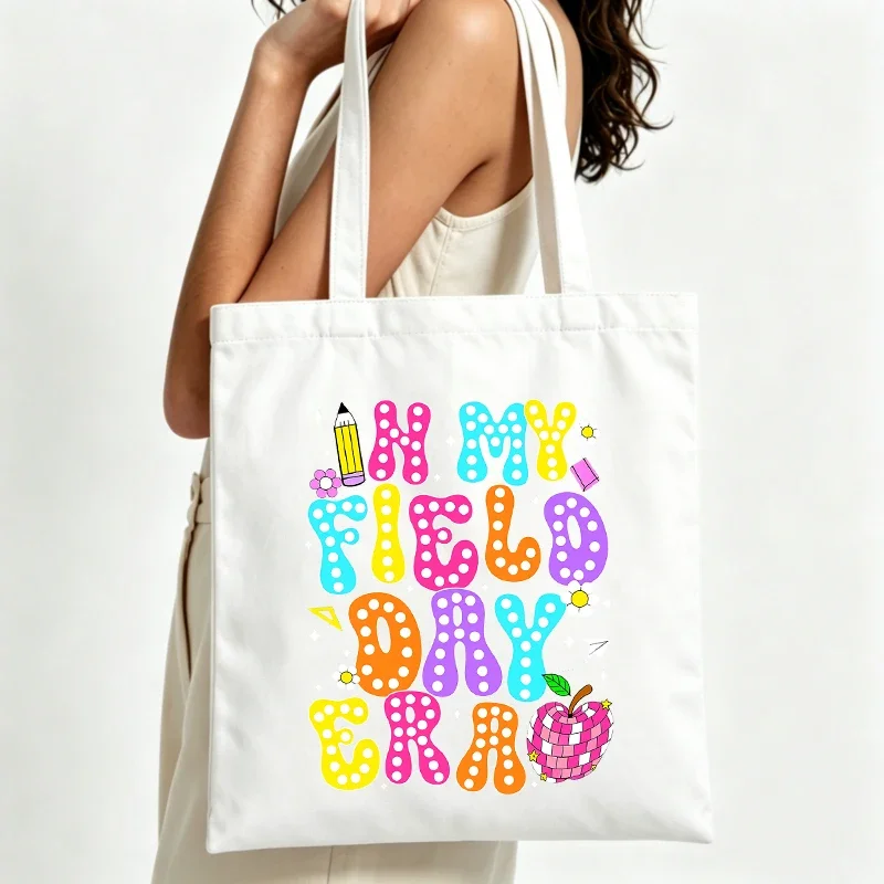 Women's colorful letter print canvas tote bag with playful school-themed graphics, perfect for casual daily use and summer