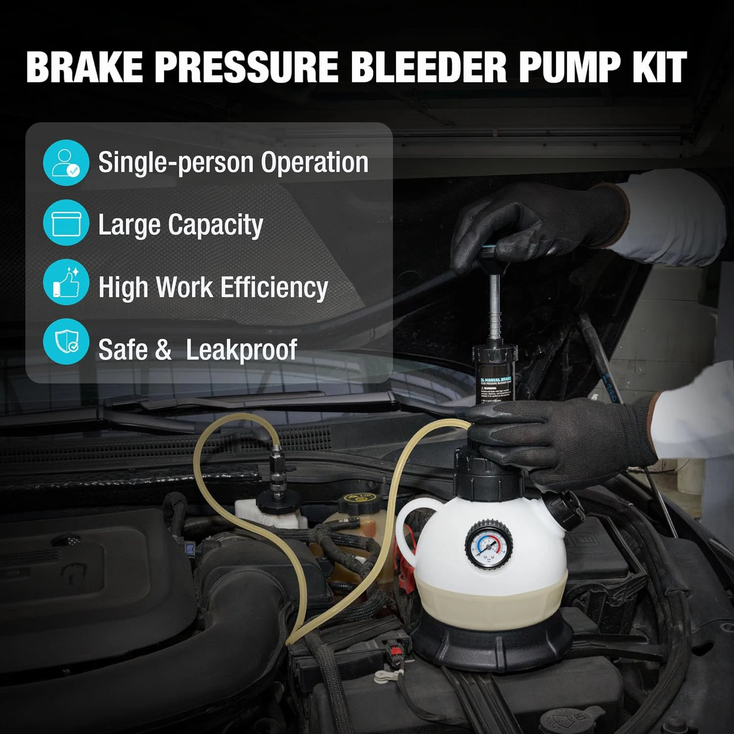 Kit de purge de frein à pression professionnel pour une utilisation par une seule personne, purgeur de 2 L avec bouteille de rechargement de 1 L et 3 adaptateurs, compatible avec la plupart des