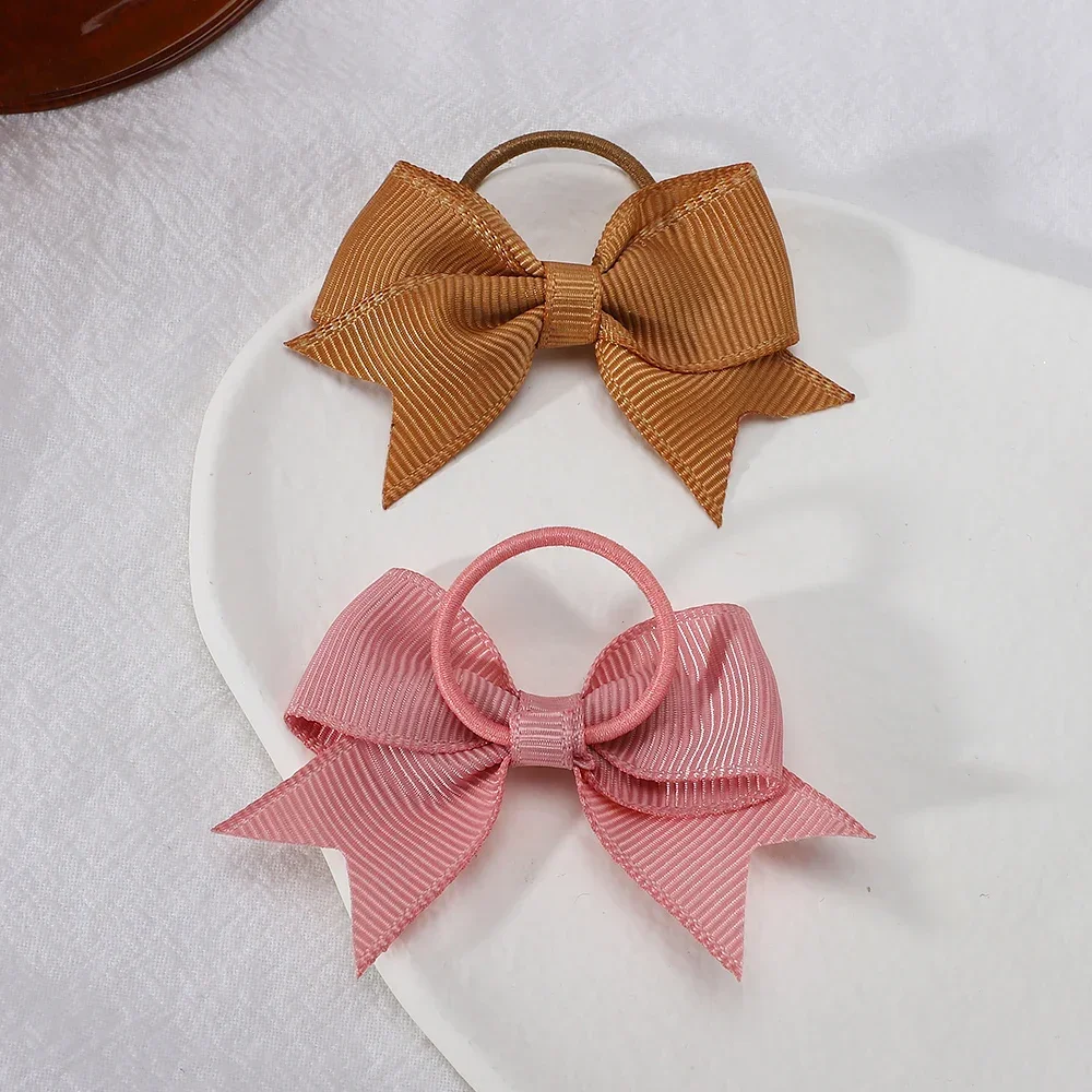 10Pcs/lot Solid Grosgrain Ribbon Pigtail Hair Bows Elastic Hair Ties Hair Bands Holders Girls Newborn Baby Accessories Gift