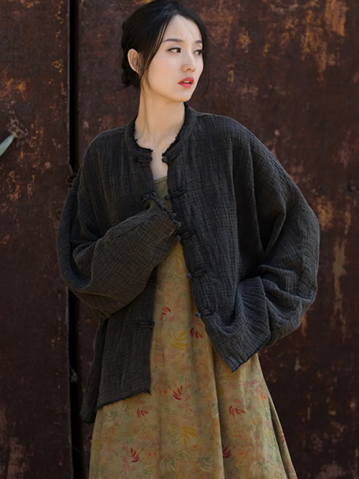 Retro Batwing Open Cardigan Cotton Linen Women's Jacket Tie Dye Sand Washed Tai Chi Zen Study Button Artistic Vintage Outerwear