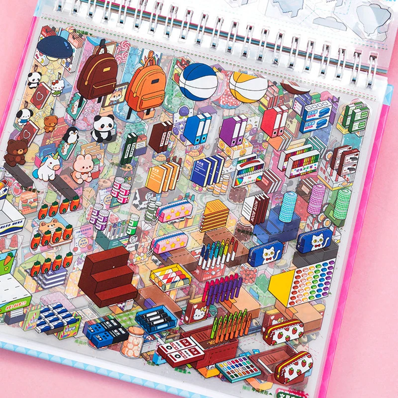 Kawaii Store Stapel-Szenen-Aufkleberbuch 3D Miniatur-Landschaft für Scrapbook, Tagebuch, DIY-Bastelarbeiten, Geschenk für Studenten, Schreibwaren-Aufkleber – Detail 5