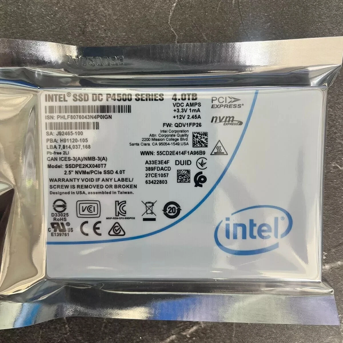 Intel DC P4500 Series 4TB NVME PCIE 2.5" Internal SSD SSDPE2KX040T7 NEW