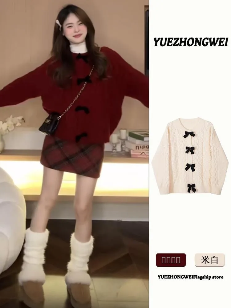 

Cisas Theme Red Knitted Sweater Coat for Women with Bow Design Thiened Lazy Sle Winter Outerwear Casual Commute Sle
