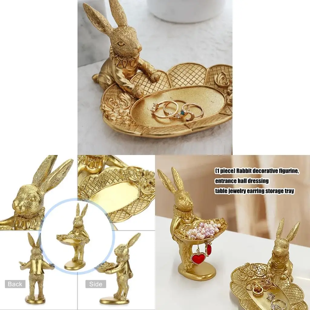 91AF Resin Decorative Rabbit Holder Jewelry Organizers Tray for Dresser Countertop Display and Home Decoration