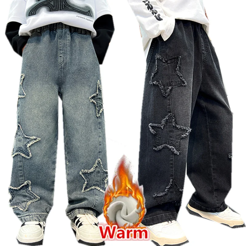 

Korean Boys Winter Insulated Jeans with Stars For Children Thicken Fleece Lined Denim Pants Kids Straight Fit Thermal Trousers