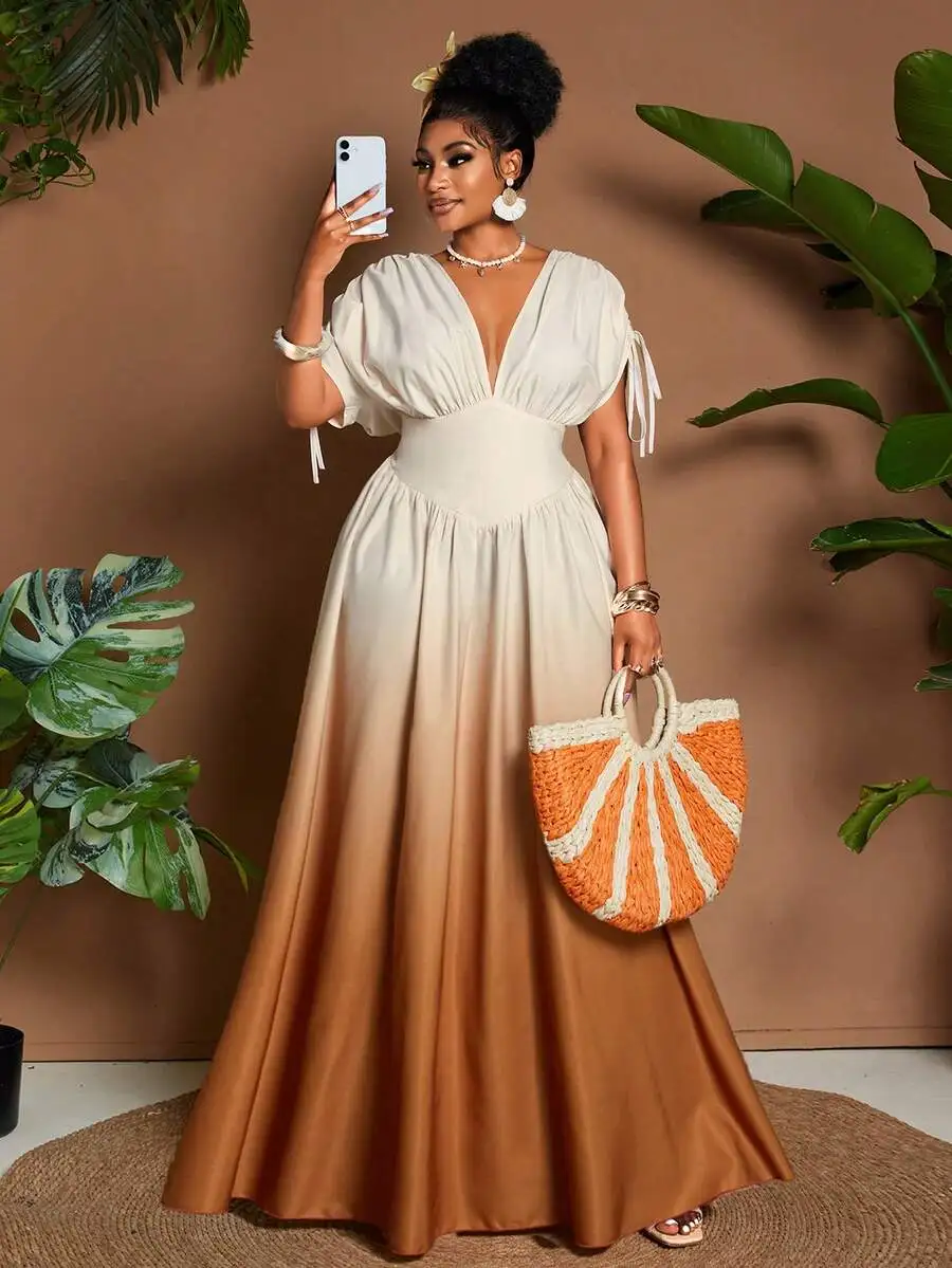 

Elegant Ombre V-Neck A-Line Maxi Dress with Tie Sleeves and Cinched Waist