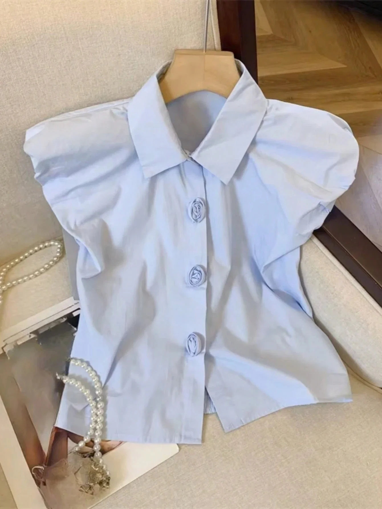 

Женская летняя однотонная блузка с 3D цветочным принтом и пуговицами, с пышными рукавами