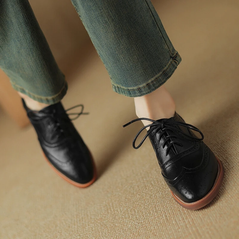 NEW Spring/Autumn Women Oxfords Split Leather Shoes for Women Brogues Vintage Lace up Loafers Handmade Black Plus Size Shoes