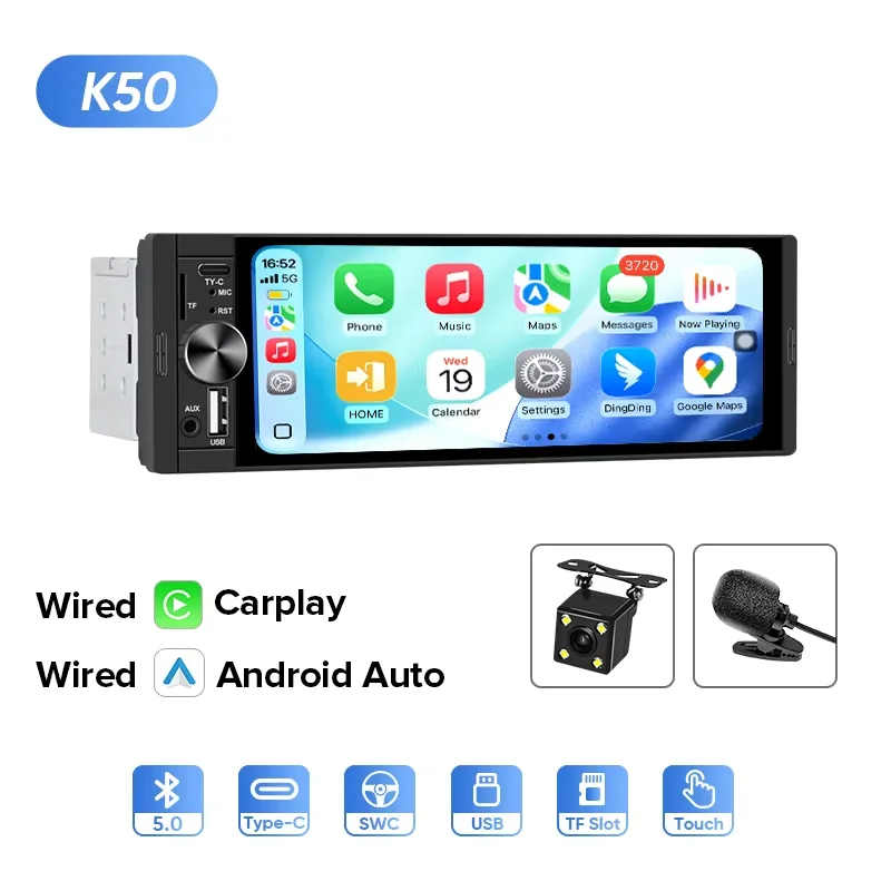 AINAVI Single DIN autoradio met draadloze Carplay en Android Auto, 6.36 inch HD touchscreen, Bluetooth, USB, AUX-IN, TF, FM, MP5-speler