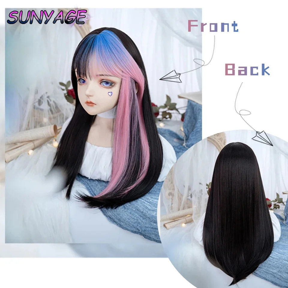 SUNYAGE Synthetic Long Straight Lolita Wigs With Highlight Dyeing Gradient Bangs Ombre Black Blue Pink Cosplay Wig For Women