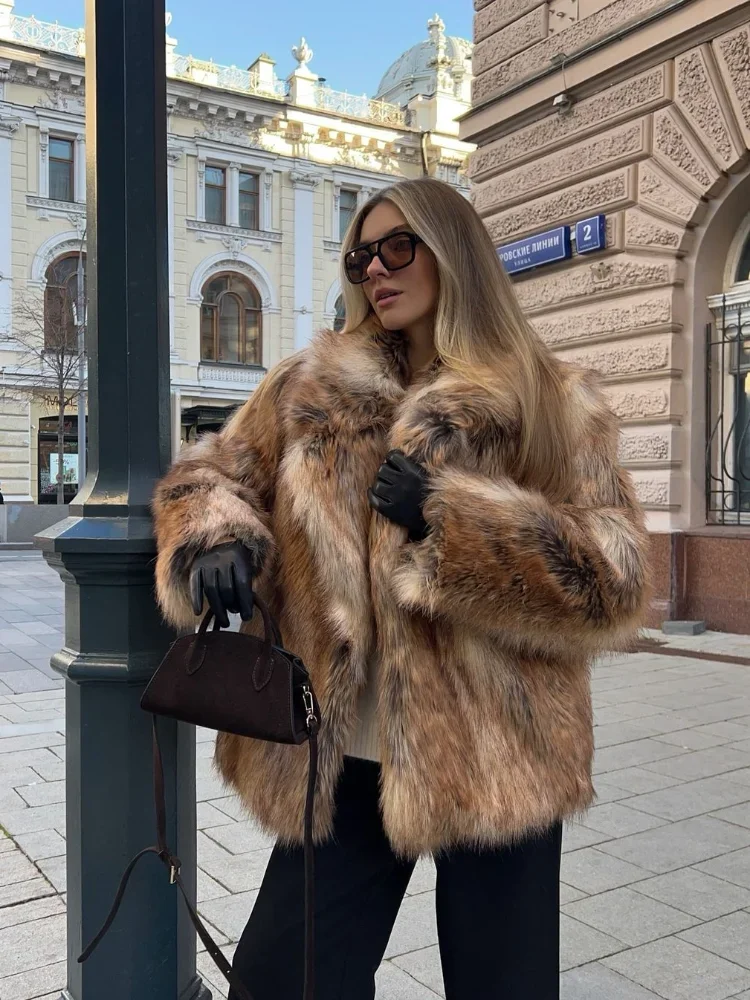 Mulheres chiques engrossar quente fofo casacos de pele do falso elegante lapela mangas compridas casaco curto outono inverno senhora quente rua