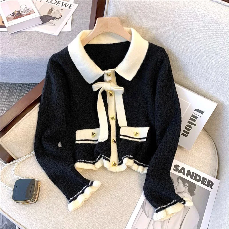 Women\'s French Elegant Sweater Bow Lace Up Knit Cardigan New Fashion Long Sleeve Single Breasted Turn-down Collar Top