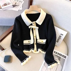 Women's French Elegant Sweater Bow Lace Up Knit Cardigan New Fashion Long Sleeve Single Breasted Turn-down Collar Top