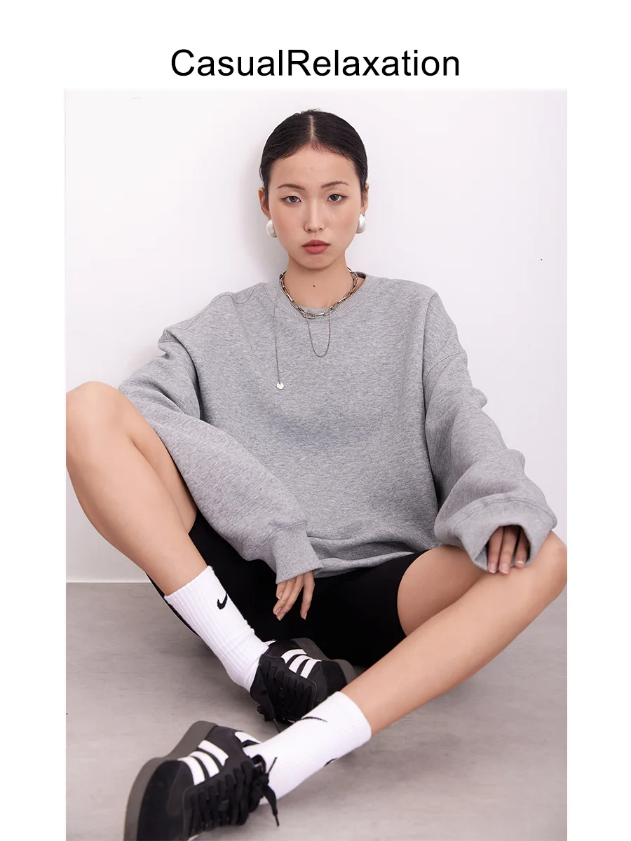 

Loose Fit round Ne Long Sve Hoodie Women's Casual Spor Faion ey Versatile New Sle Pure Color Sweatirt Top