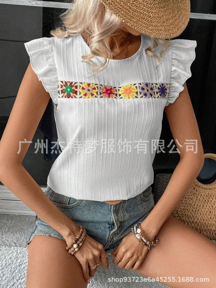 

Women Fashion Short Sleeve Casual T Shirt O Neck Ruffle Sleeves Tee Loose Women T-Shirts White Tops 2025