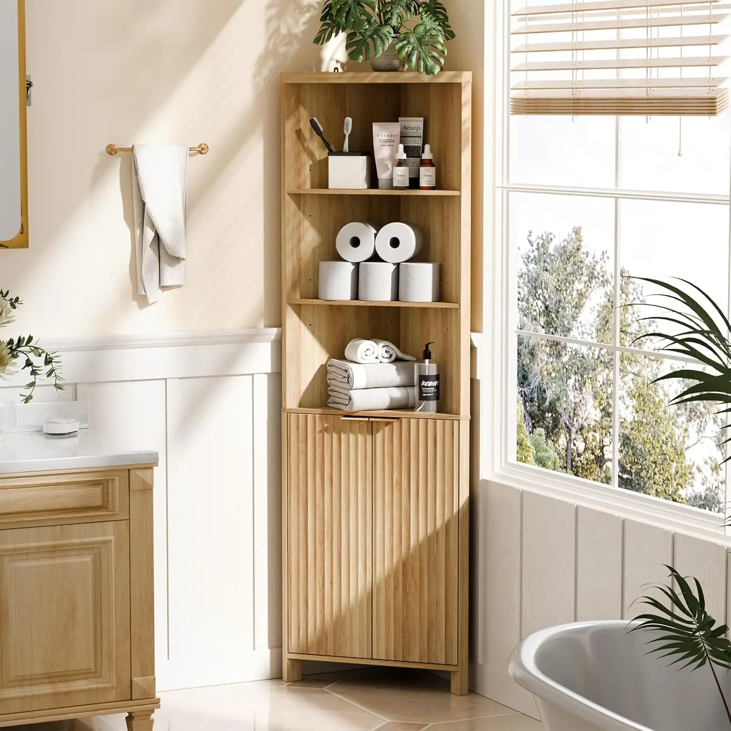 

68" Tall Corner Storage Cabinet Fluted Doors Adjustable Shelves Kitchen Living Room Pantry Display Oak, Customized