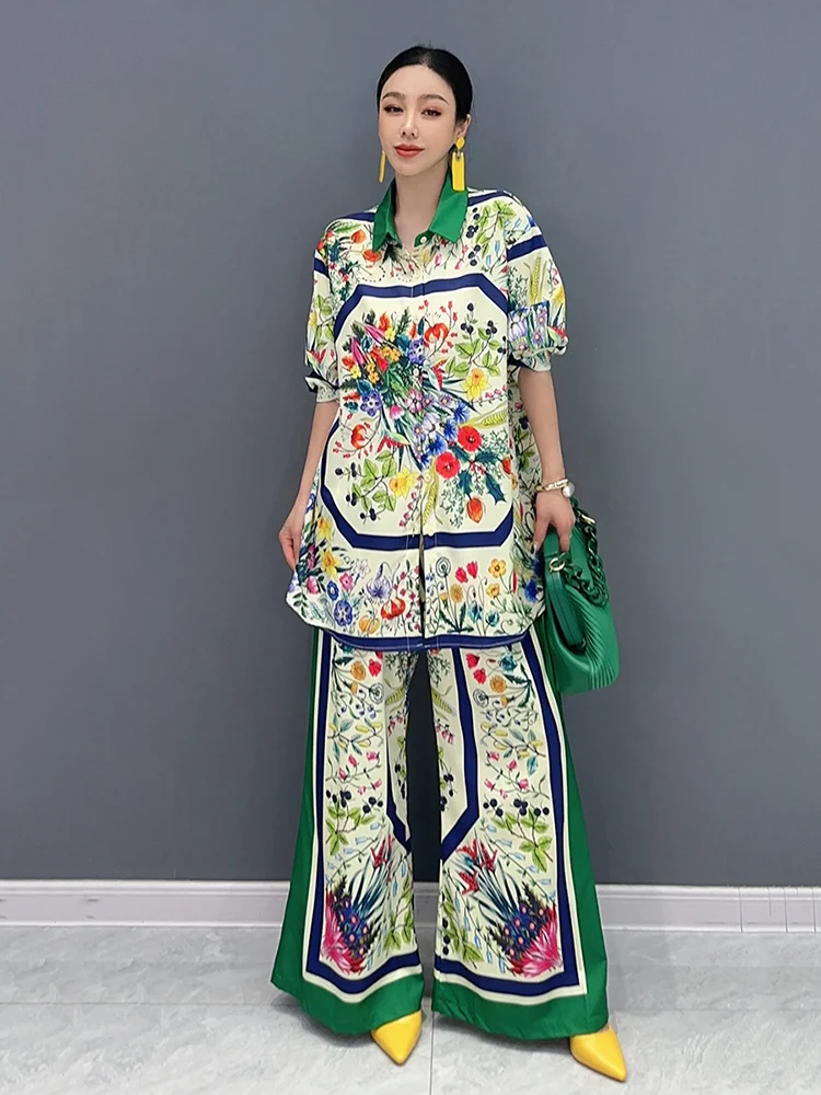 

Women's Trousers Casual Suit 2025 Summer New Fashion Elegant Printed Long-Sleeved Shirt and Wide-Leg Pants Two-Piece Sets