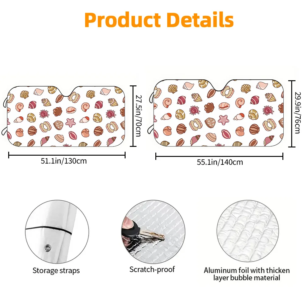 A Car Sunshade With A White Background And Colorful Shell Decorations, Designed To Block UV Rays And Reduce Temperature, Suitabl