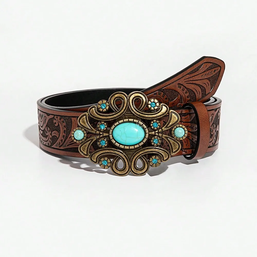 1 Piece of Women's Brown Blue Agate Palace Buckle Flower Embossed Belt Jeans Versatile Accessory Belt