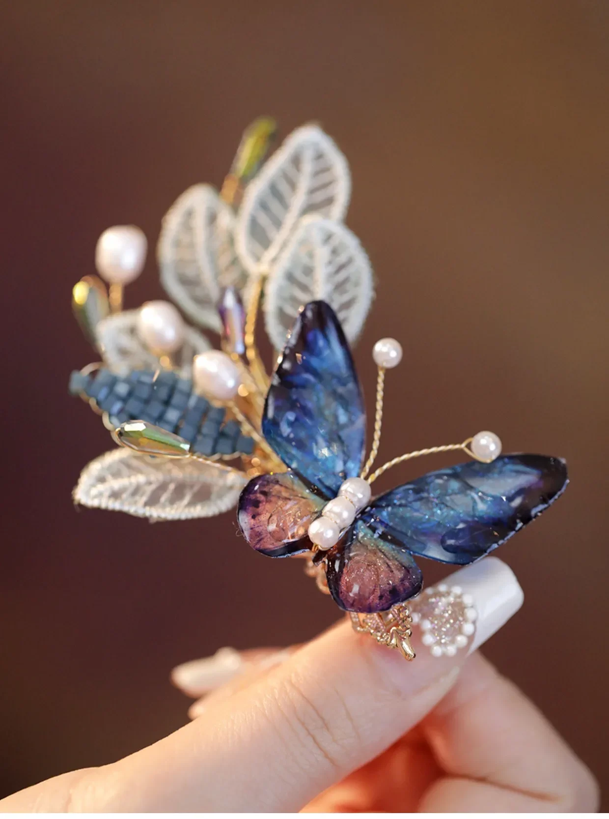 FXLRY Original Handmade Vintage Pearl Butterfly Headdress Hair clip Sen Department Side Clip Hair Accessories