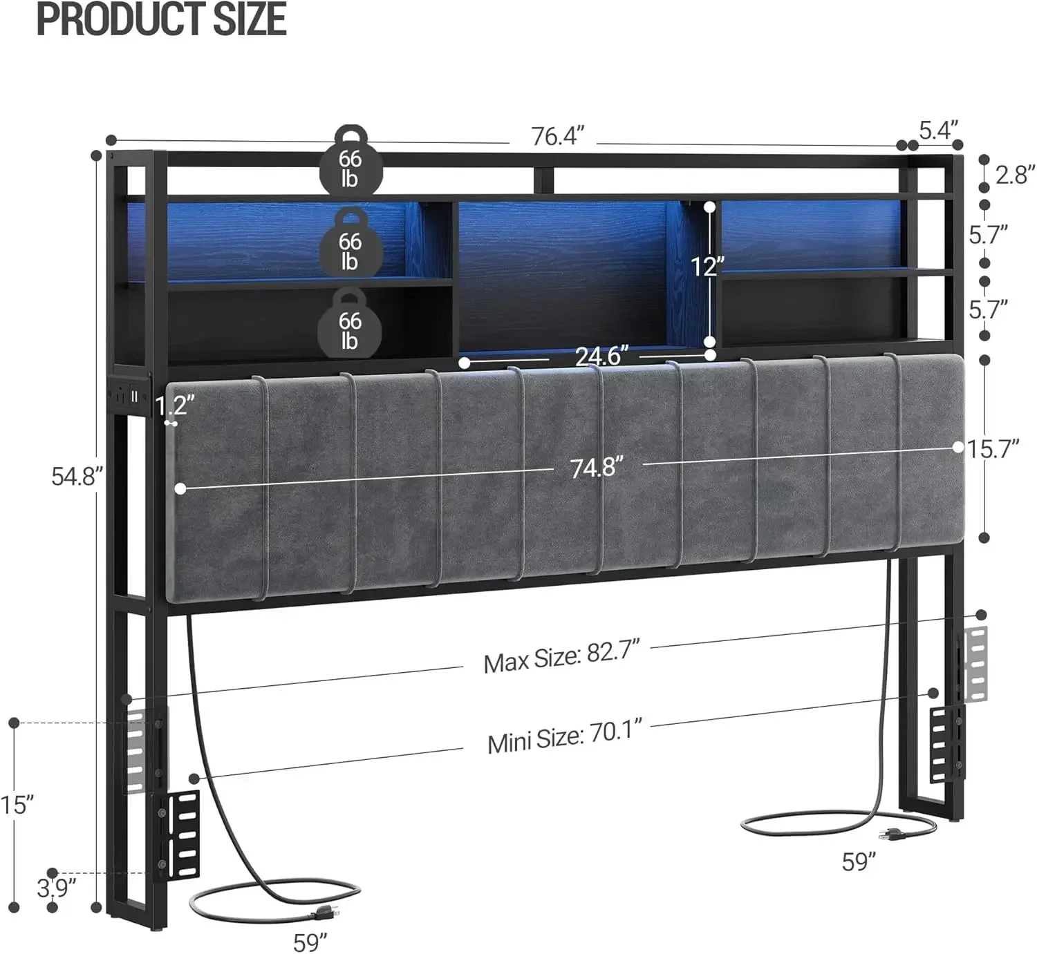 Headboard with 3-Tier Storage Shelves, Velvet Upholstered Head Board with 2 Outlets, USB Ports & LED Light, Soft Backrest for Ki - view 2