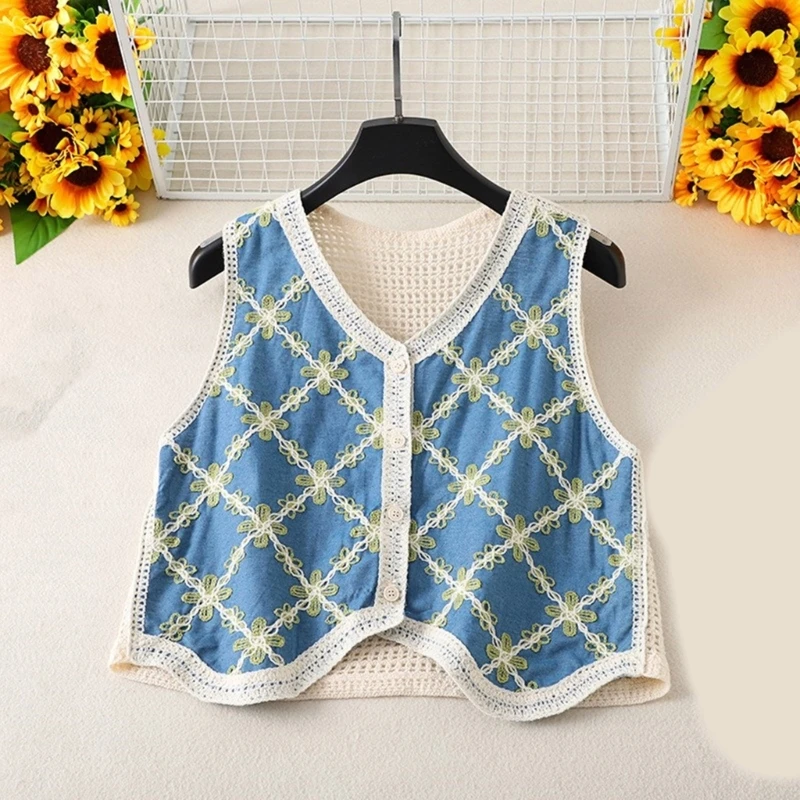 Crochet Vests Waistcoat Women Embroidery Flower Beach Sleeveless Crop Cardigans