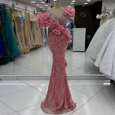 Pink Ruffled Party Dress Beaded Crystal Evening Dress V-Neck Mermaid Dress Cocktail Party Dress Fitted Dress Customizable 2025