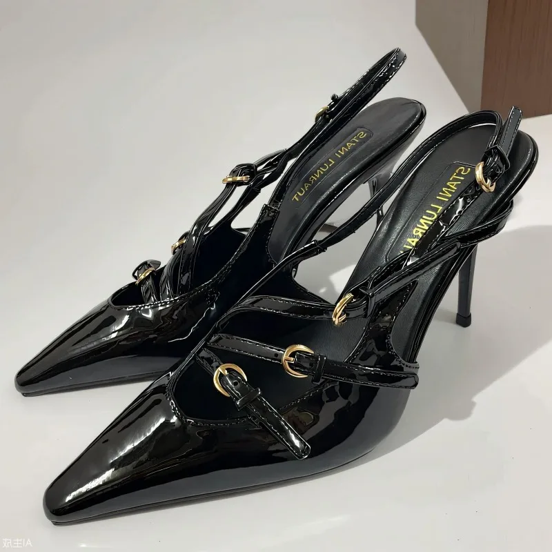 

Retro Women's Shoes Exquisite Patent Leather High Heeled Sandals for Woman French Casual Shoes Designer Shoes Sandalias De Mujer
