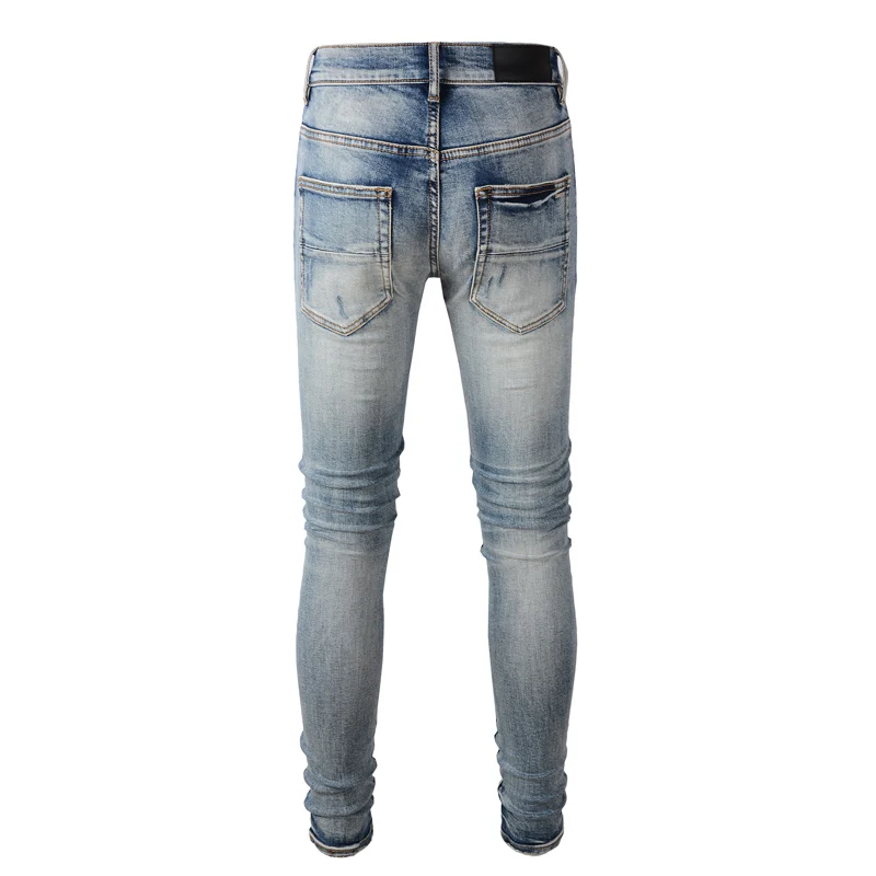 Fashionable new men's jeans stretch slim fit washed blue ripped patch jeans high street hip-hop brand pants hombre