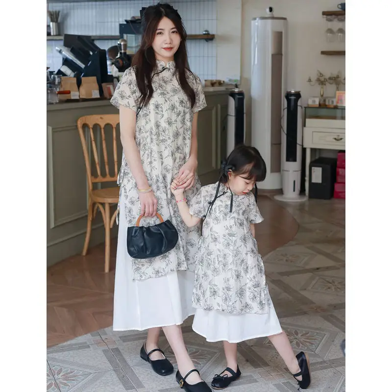 2026 Summer Mother Daughter Matching Dresses Short Sleeve New Chinese Style 2PCS Set Elegant Family Look Outfits for Kids Girls