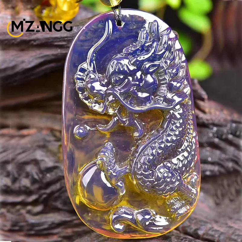 

Natural Pure Water Blue Amber Dragon Pendant Wax Raw Stone Carved Men's and Women's Necklace Sweater Chain Fashion Charm Jewelry