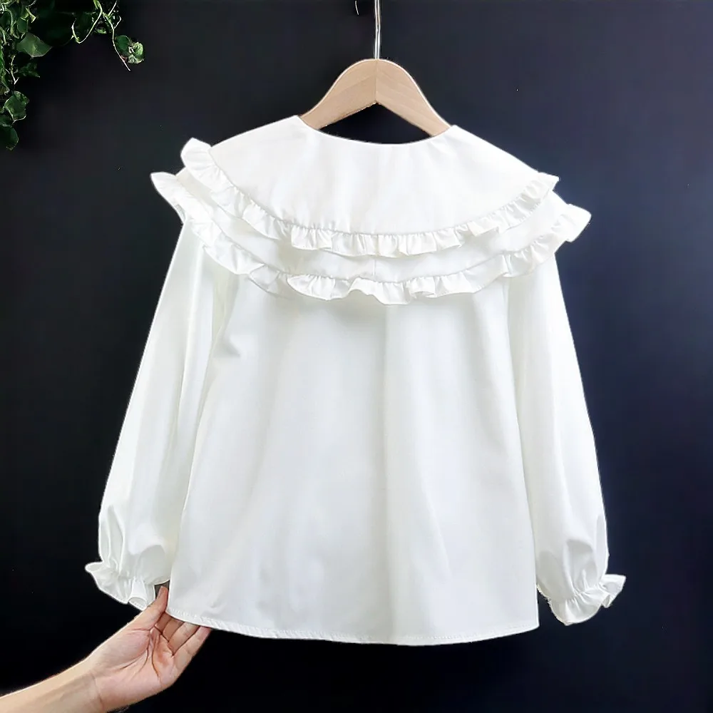 Kids Outfits White Lace Shirts Girls Blouses Long Sleeve Teenagers Costumes Children Tops Back to School 5 6 7 9 10 12 13 Years