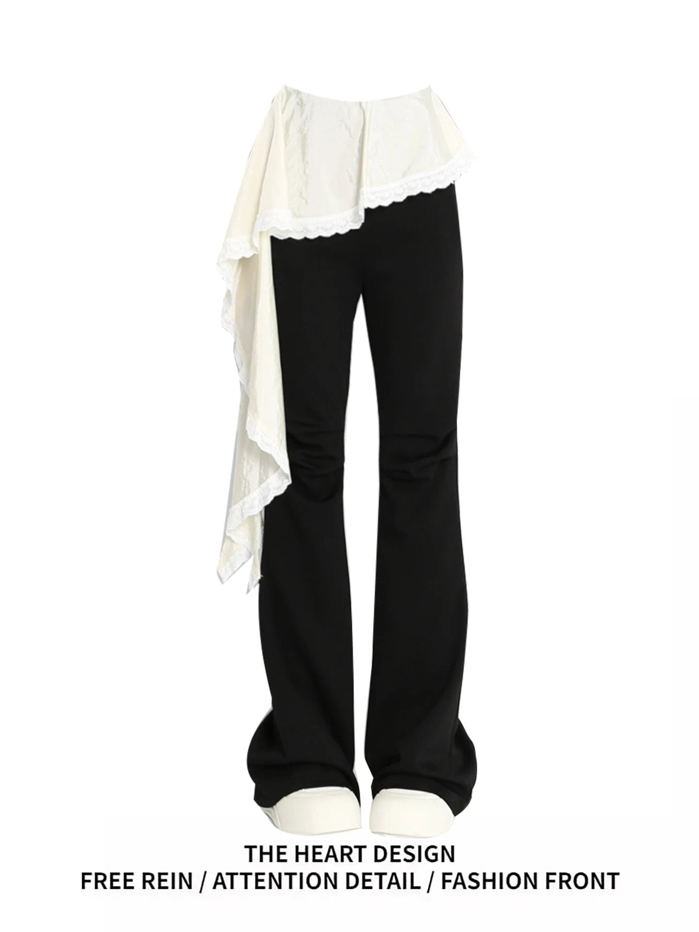 Bot de campana adelgazante de cintura alta con diseño de encaje, pantalones informales a la moda para niñas, piernas micro acampanadas, cierre de cremallera de fibra de poliéster