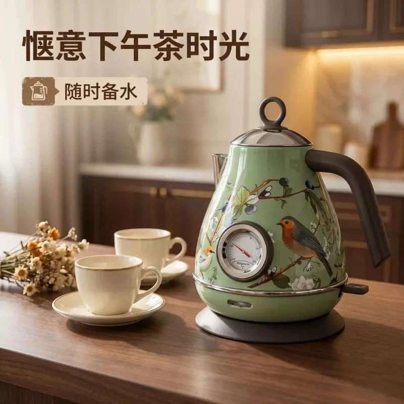 220V Retro Style Electric Water Kettle 304 Stainless Steel Temperature Gauge Fast Boiling Pot Office Household